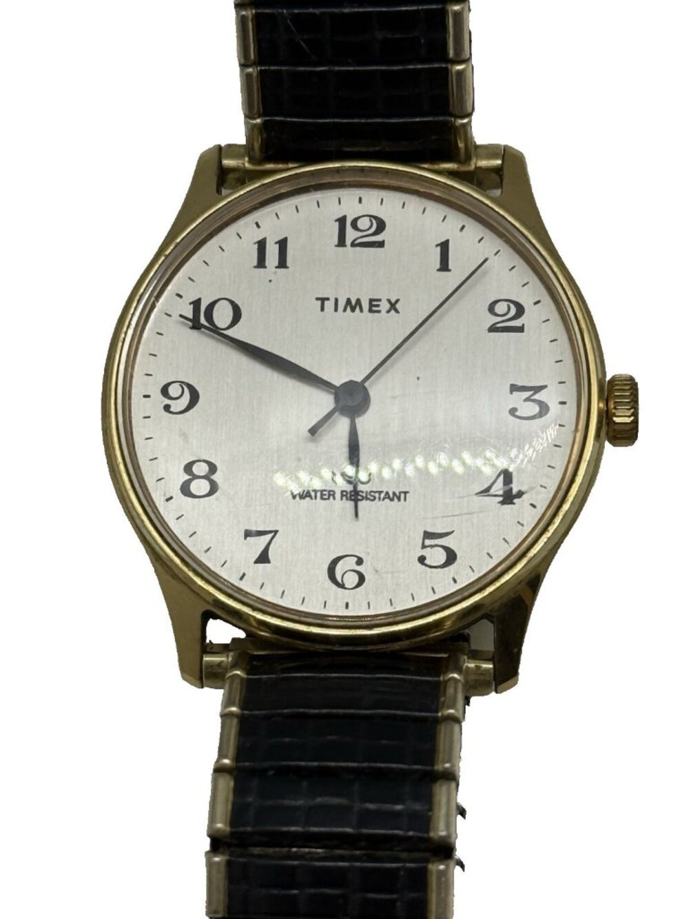 Vtg Timex Men's Two Tone Watch White Face Black Gold Stretch Spiedel Bracelet